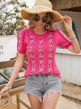 CiCiBird Womens Short Sleeve Sweater Embroidered Pullover Cable Knit Summer Top